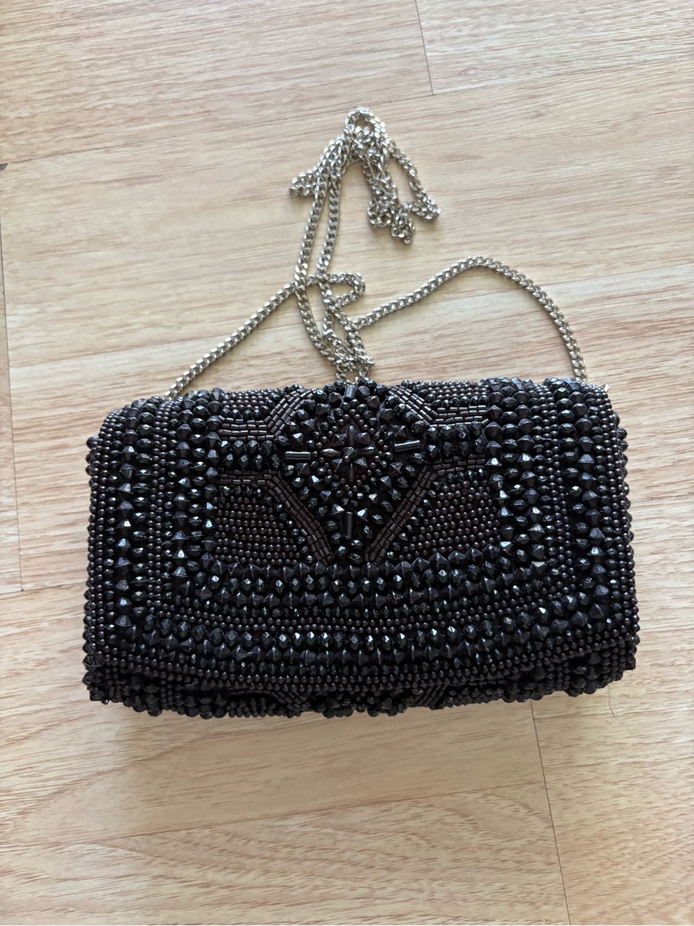Black Beaded Evening Clutch with Silver Chain Strap